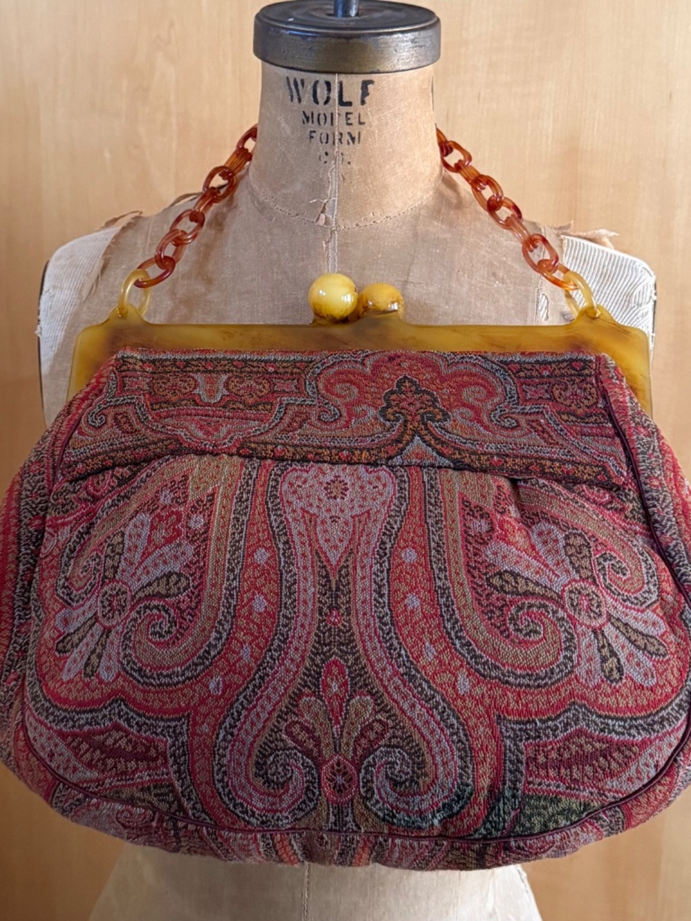 Vintage Paisley Wool Handbag with Tortoise Lucite frame & Handle